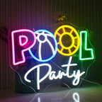 A vibrant pool party-themed LED neon sign is displayed, featuring the words "Pool Party" in bold, playful script.