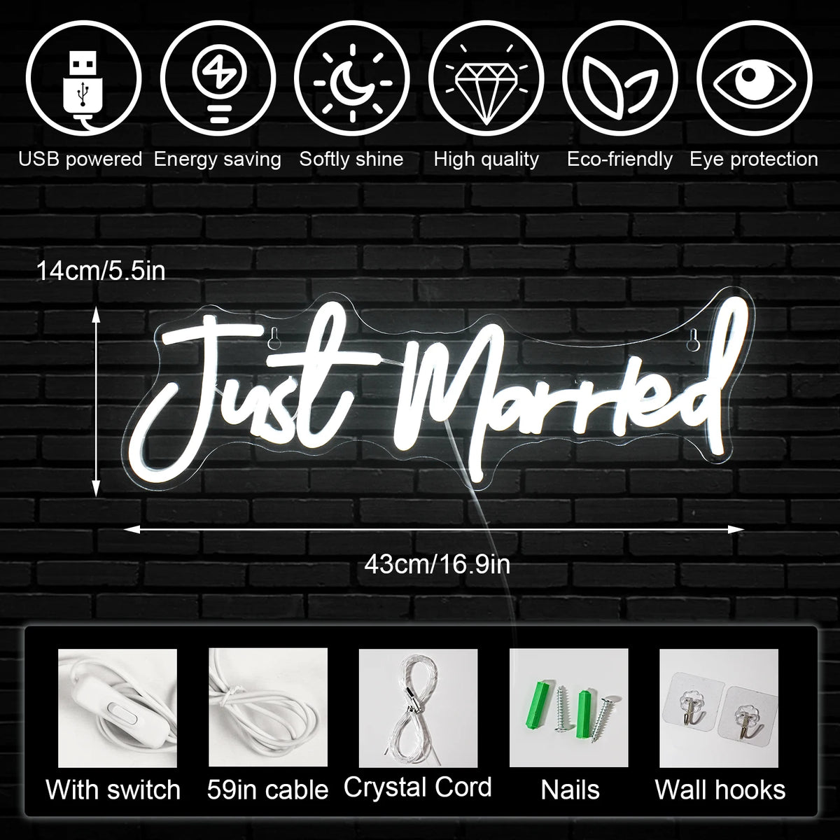 Just Married Wedding – LED-Neonschild (5 V USB)