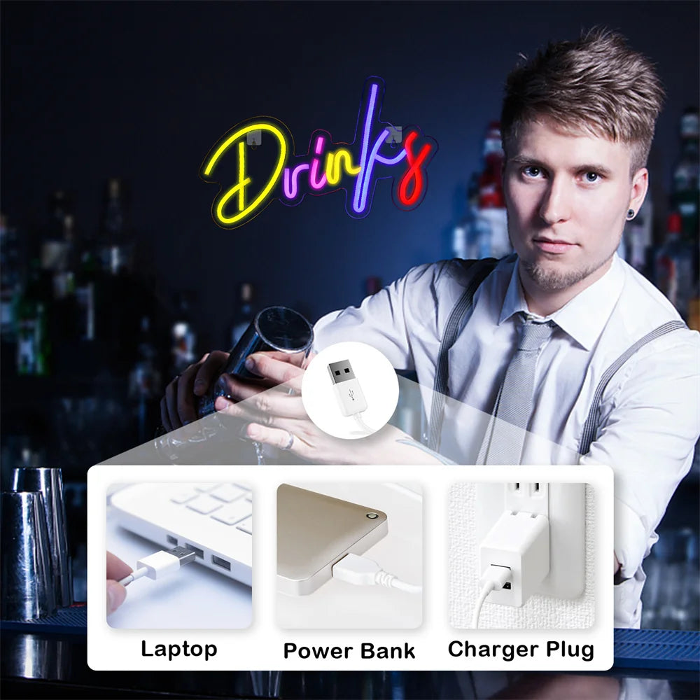 Drinks – Bunte Buchstaben – LED-Neonschild (5 V USB)