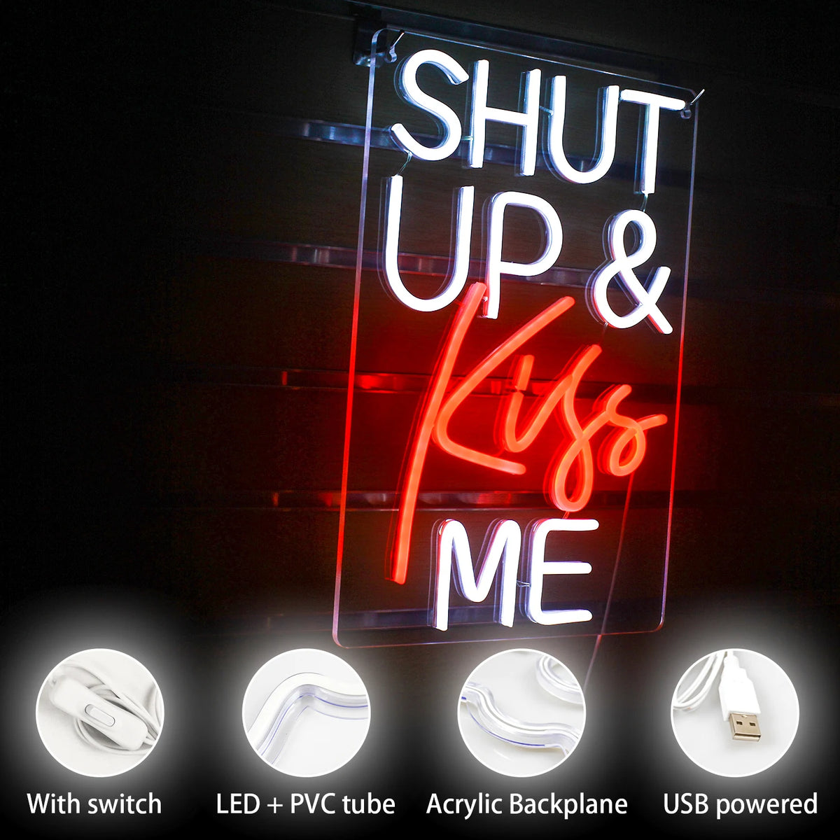 Shut Up & Kiss Me – LED-Neon-Schriftzug (5 V USB)