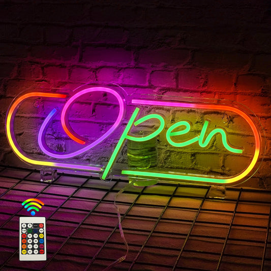 The image displays a vibrant LED neon sign with the word "Open" in bold, colorful letters.