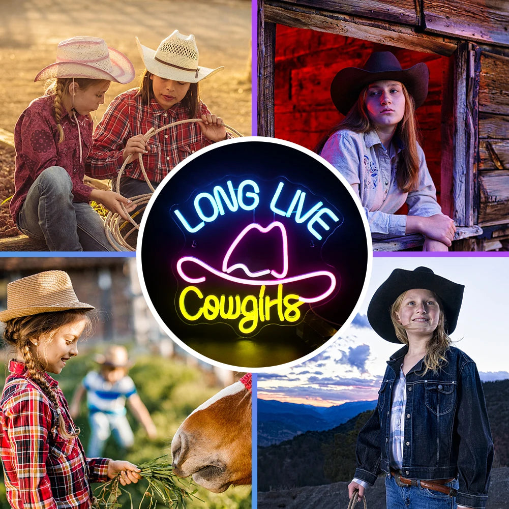 LONG LIVE Cowgirls – Cowboyhut – LED-Neonschild (5 V USB)