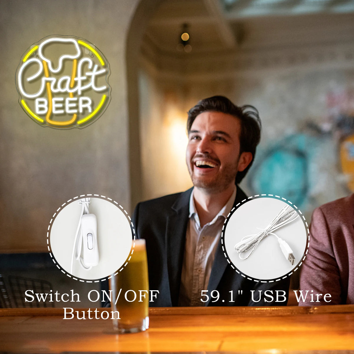 Craft BEER – Bierglas mit rundem Rand – LED-Leuchtschild (5 V USB)
