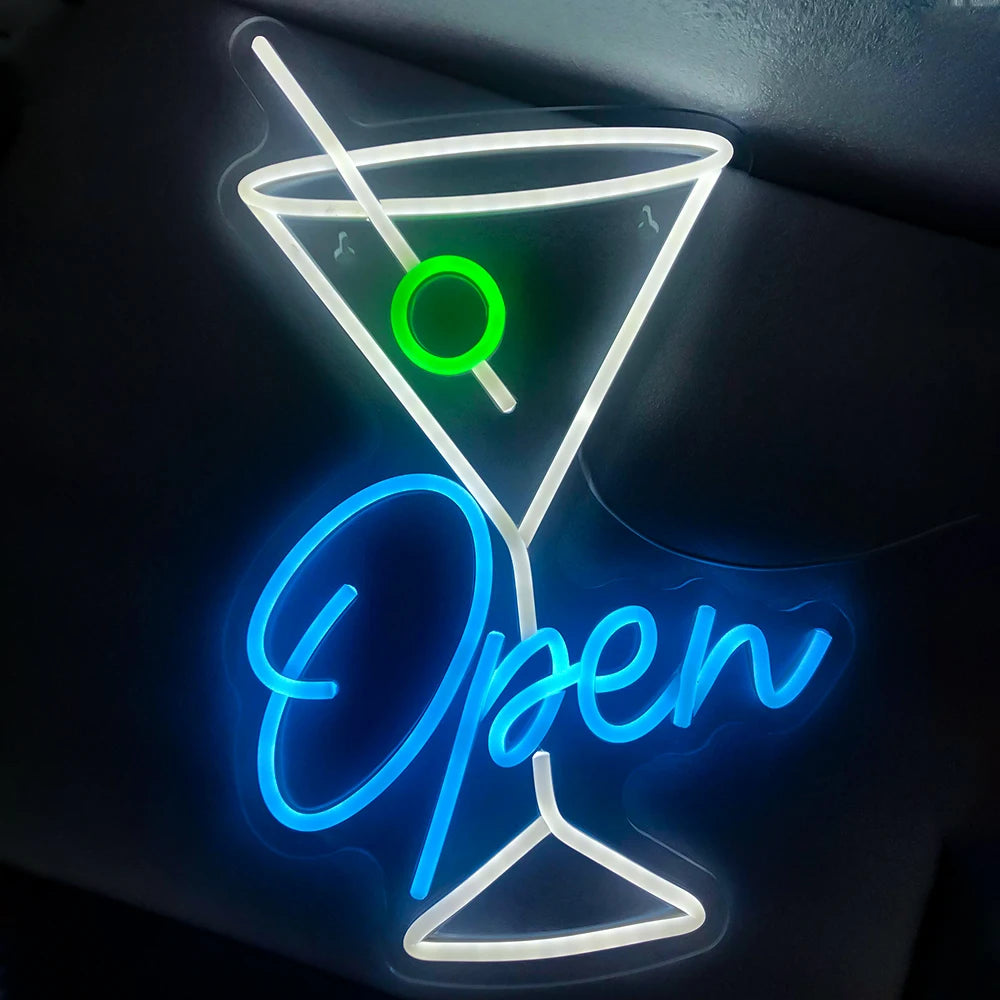 Open – Martiniglas mit Olive – LED-Leuchtschild (5 V USB)