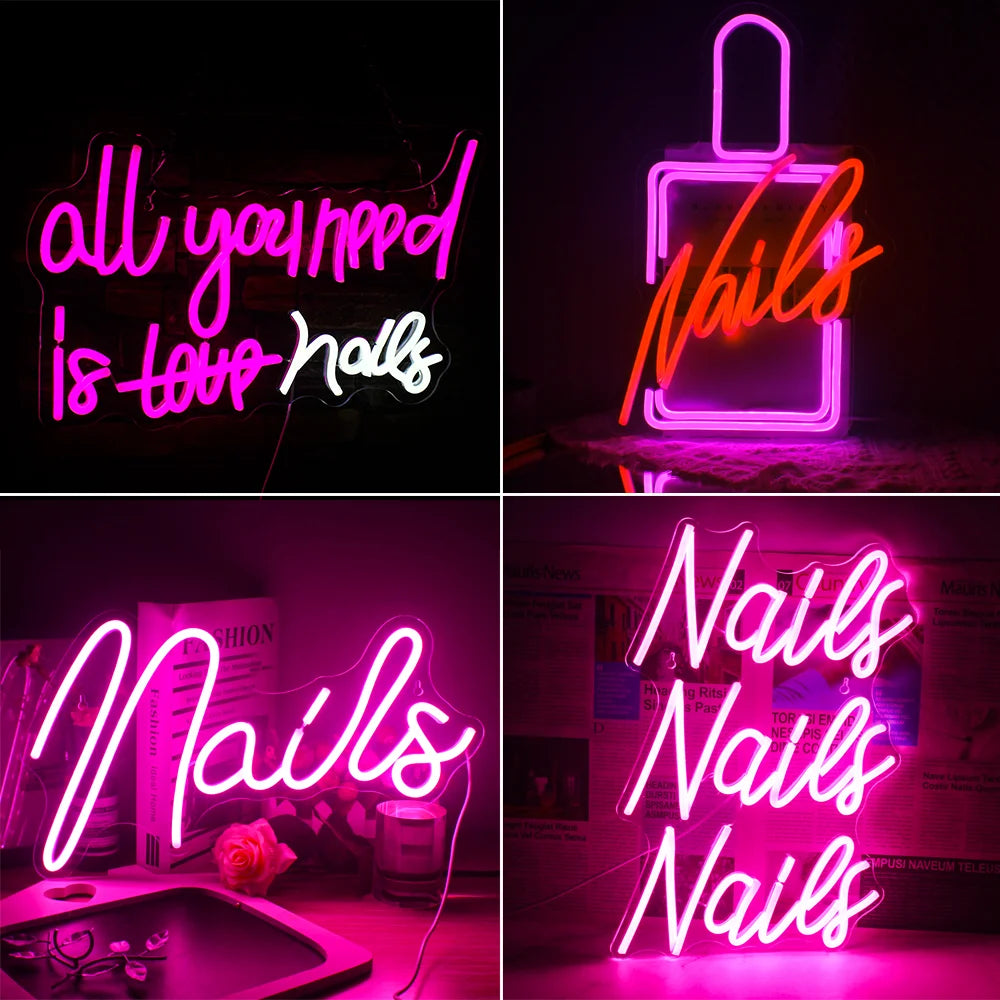 Das Bild zeigt ein leuchtendes LED-Neonschild mit dem Satz „All you need is nails“ in einer ästhetisch ansprechenden Schriftart.