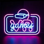 The image features a vibrant LED neon sign depicting the text "VR Game" in bold, contemporary lettering.