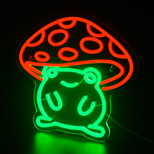 Das Bild zeigt ein leuchtendes LED-Neonschild in Form eines niedlichen Frosches im Anime-Stil.