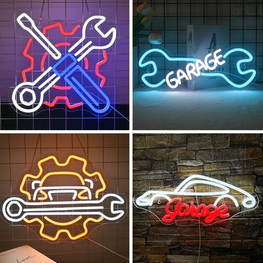 The image features a vibrant LED neon sign that spells out the word "Garage" in bold lettering.