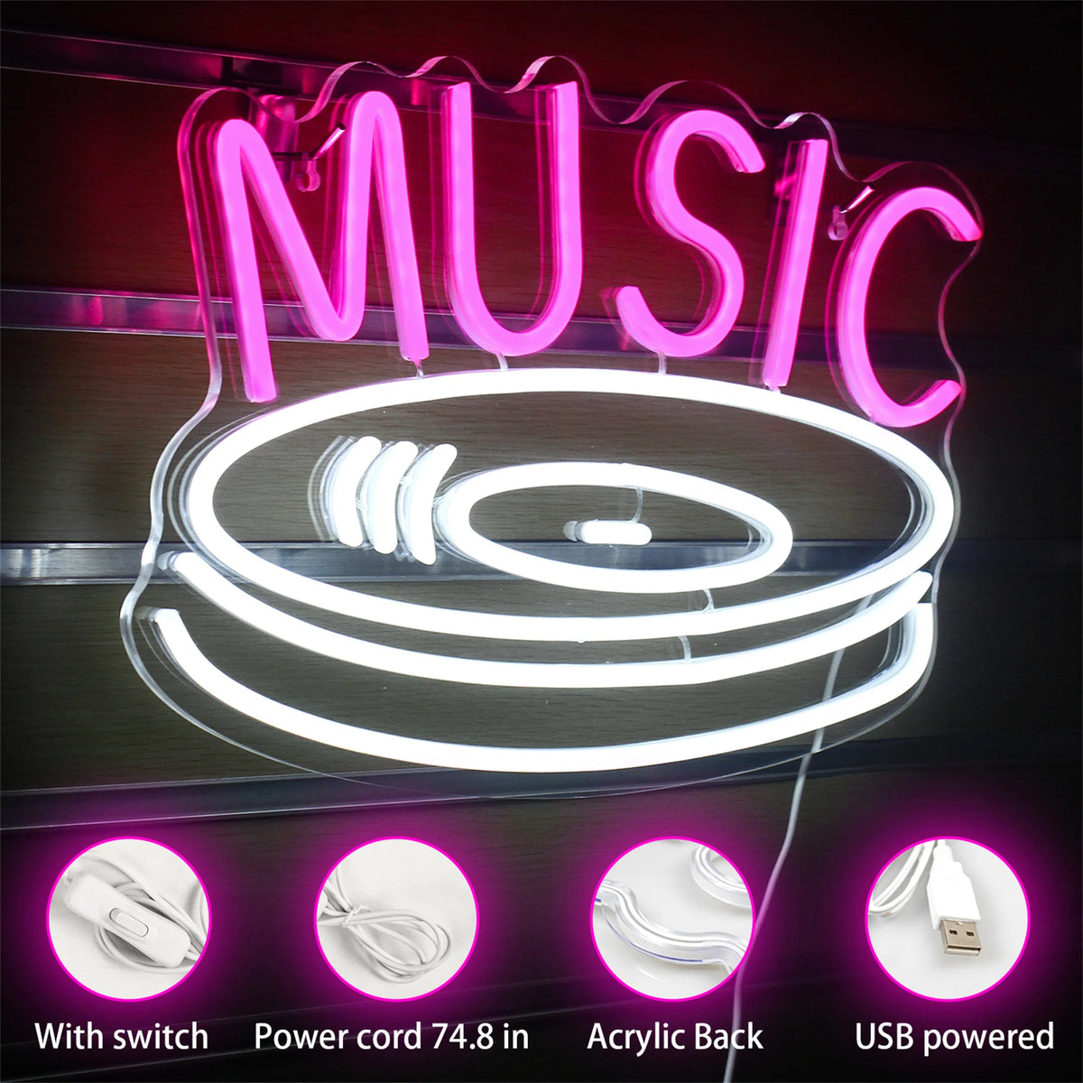 Music Record 5V Mini USB LED Neon Sign - Budget Friendly