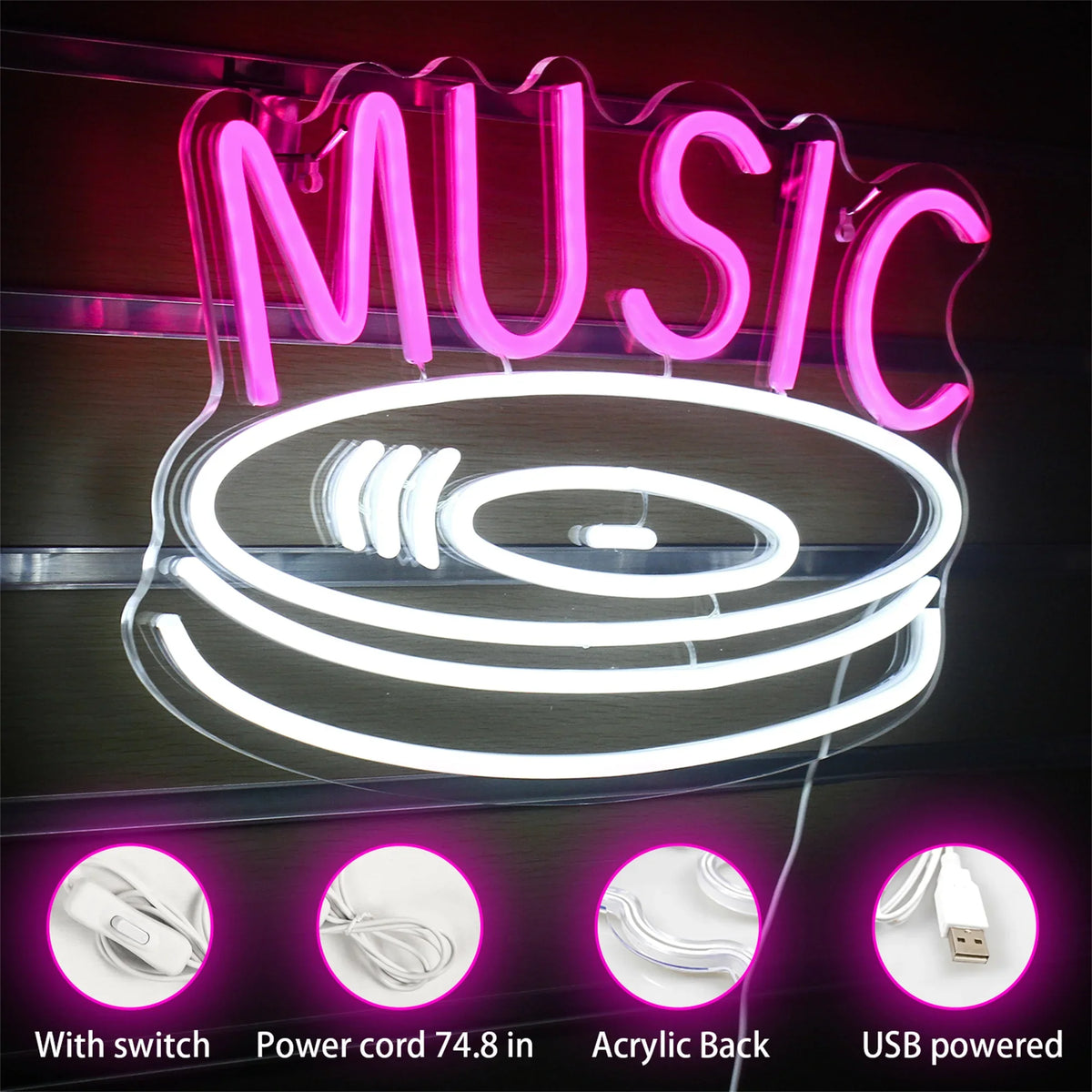 Music Record 5V USB LED Neon Sign - Budget Friendly