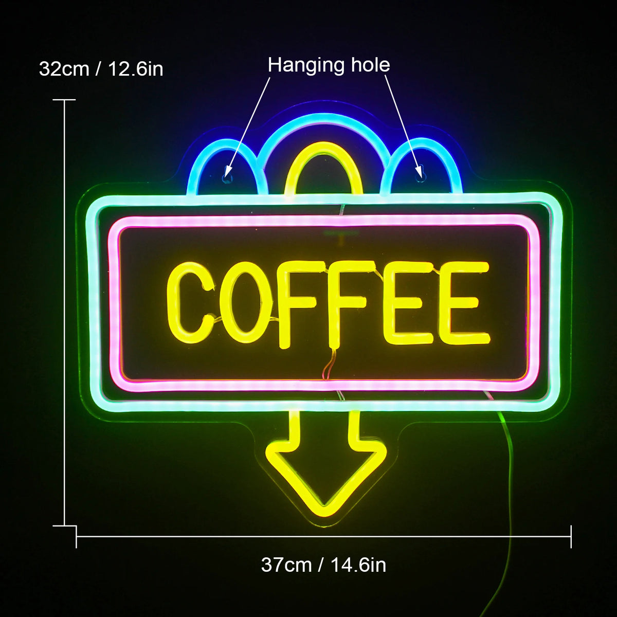 COFFEE – Rechteckiger Rahmen und Pfeil nach unten – LED-Leuchtschild (5 V USB)