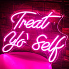 The image features a vibrant LED neon sign displaying the words "Treat Yo' Self" in a stylish, cursive font.