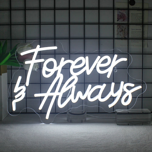 Das Bild zeigt ein stilvolles, handgefertigtes LED-Neonschild mit der Aufschrift „Forever Always“ in eleganter Schreibschrift.
