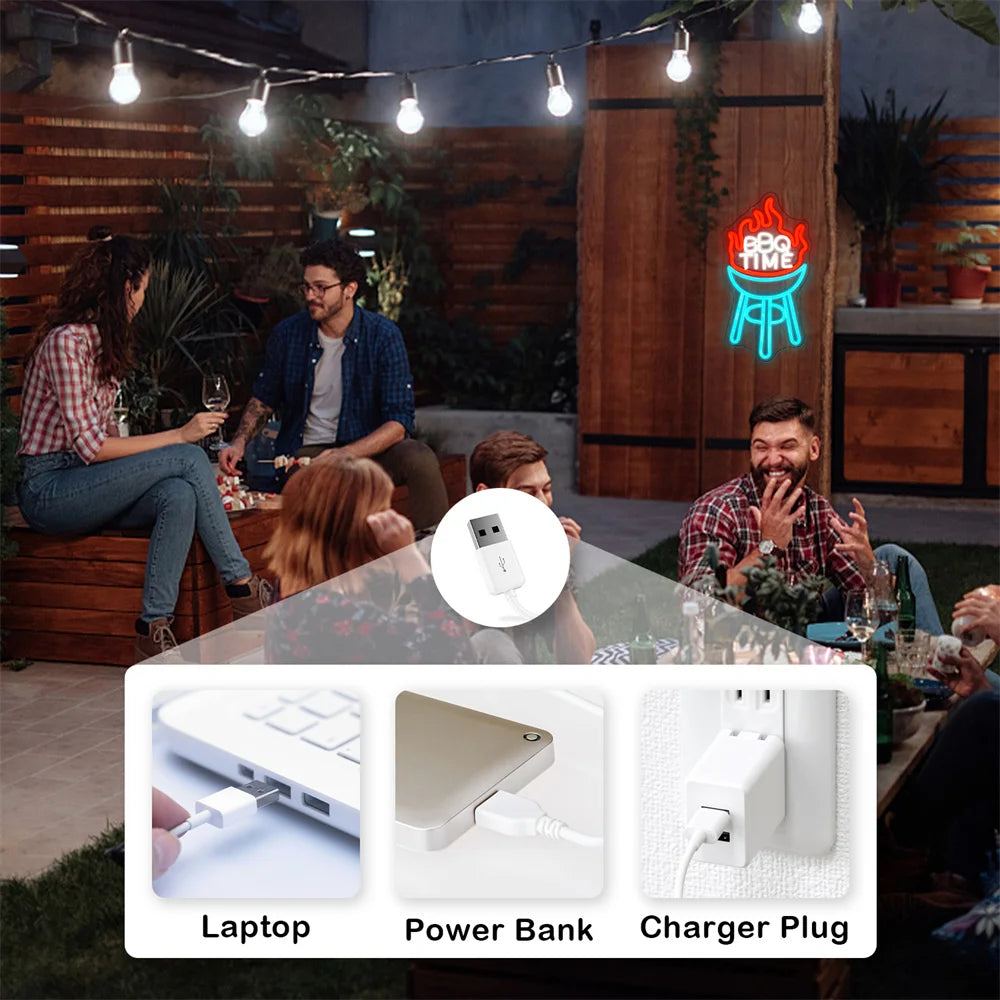 BBQ TIME – Grill mit Flammen – LED-Leuchtschild (5 V USB)
