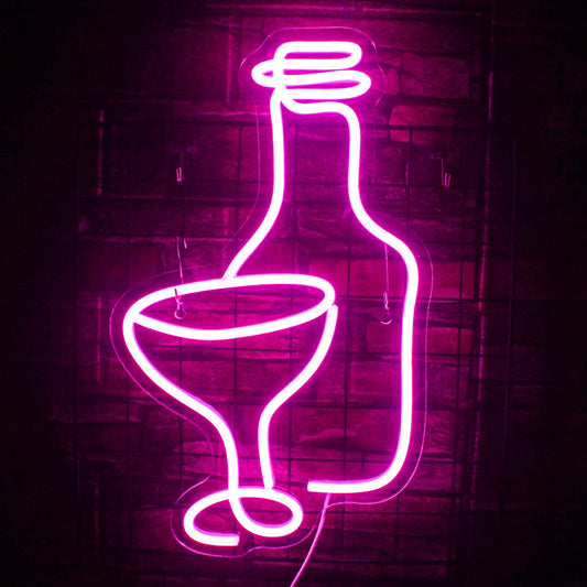 The image showcases a vibrant LED neon sign in the shape of a wine glass.