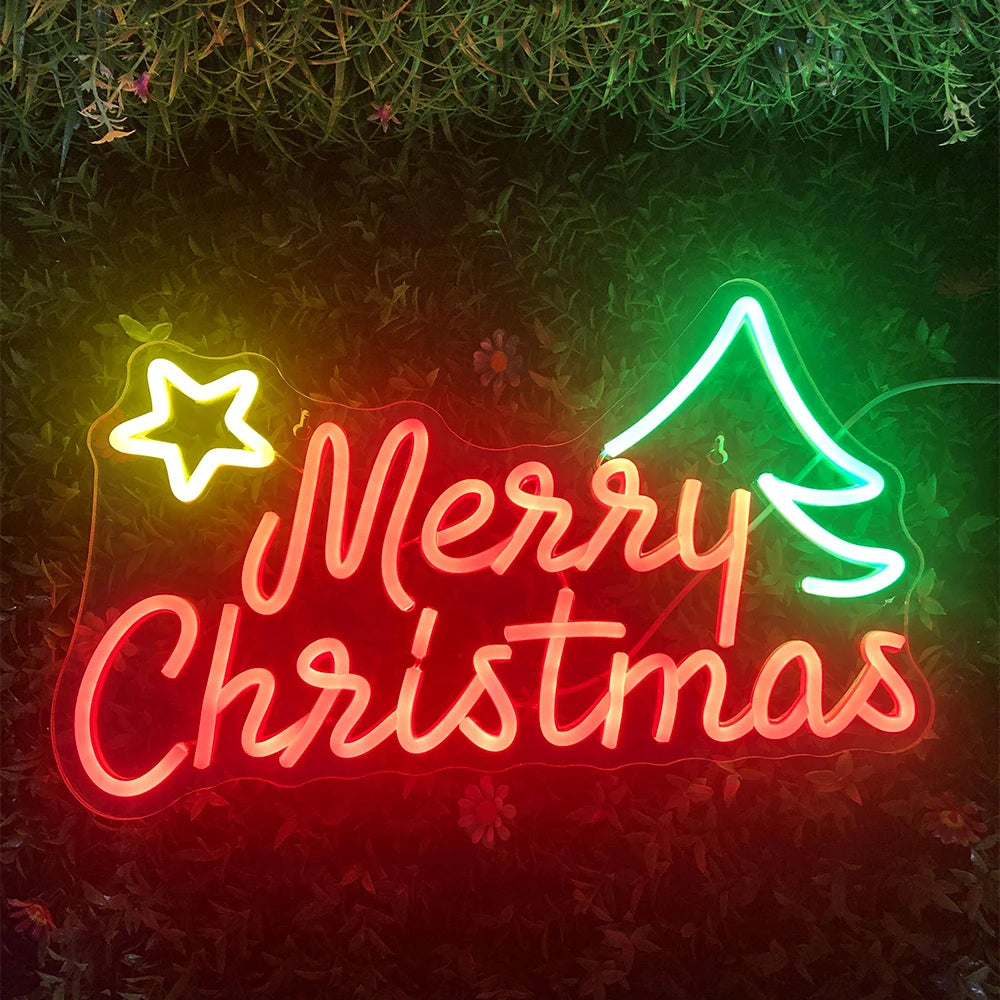 Merry Christmas – Stern und Weihnachtsbaum – LED-Neonschild (5 V USB)