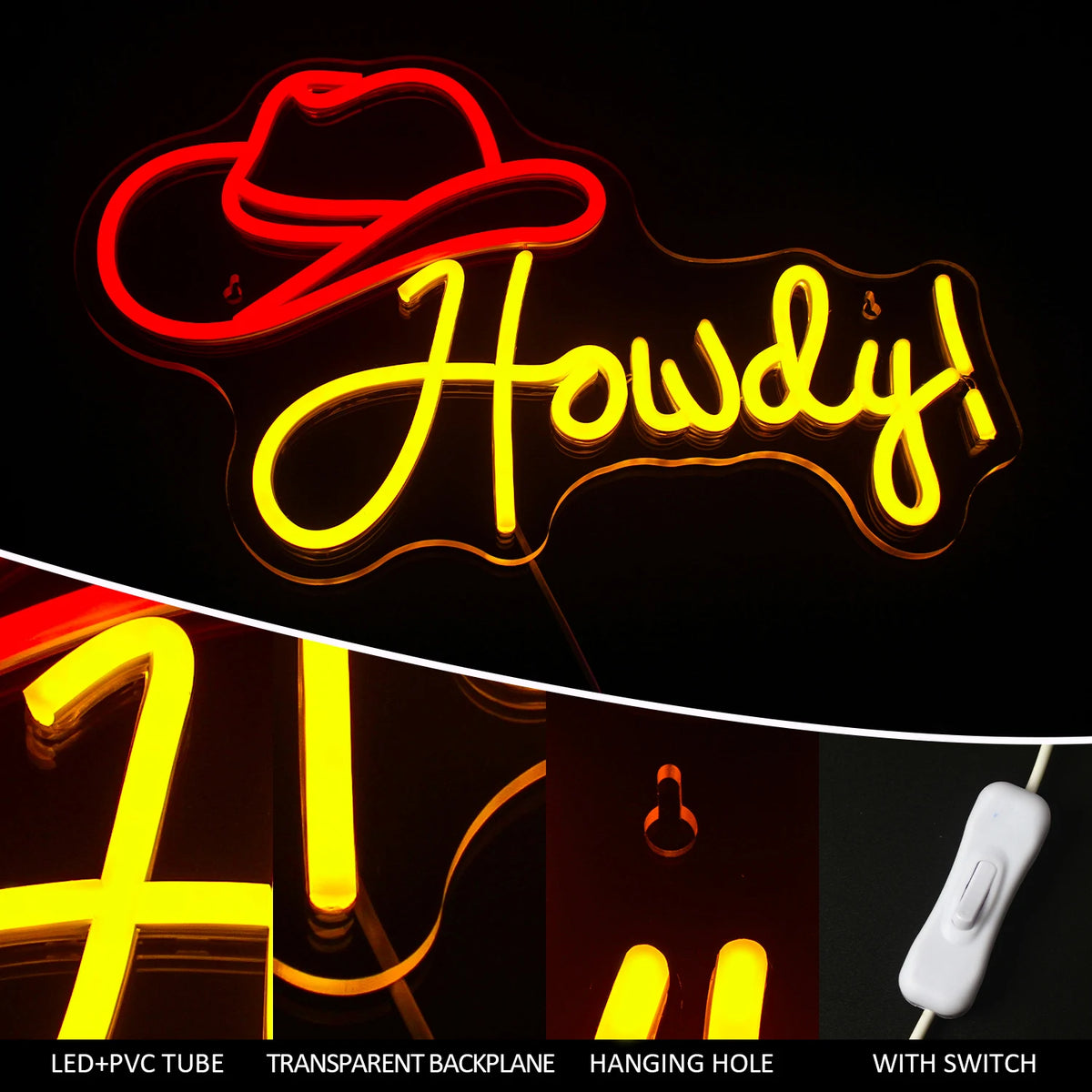 Howdy! – Cowboyhut – LED-Neonschild (5 V USB)