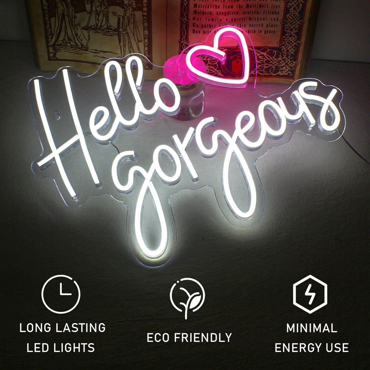 Hello Gorgeous – Herz – LED-Leuchtschild (5 V USB)
