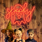 "Image of a spooky-themed LED neon sign displaying the word 'Spooky' in bright orange letters.