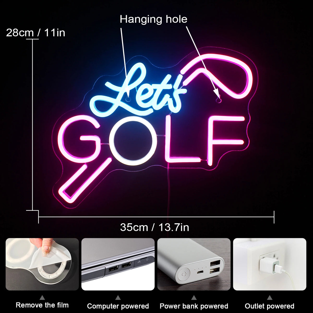 Let's GOLF – Golfschläger – LED-Neonschild (5 V USB)