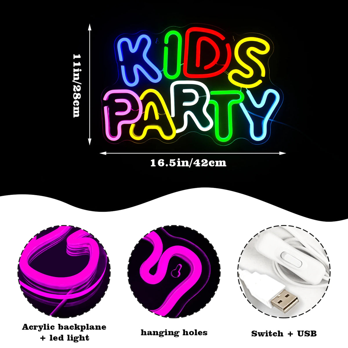 Kids Party – LED-Neon-Schriftzug (5 V USB)