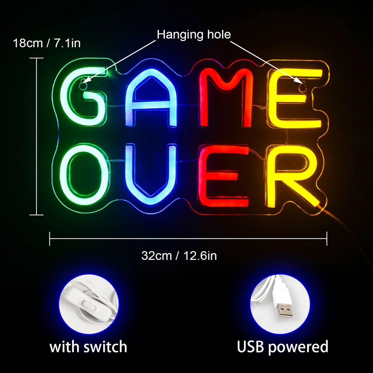 Game Over – LED-Neon-Schriftzug (5 V USB)