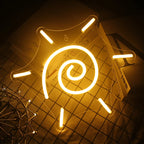 Das Bild zeigt ein stilvolles und lebendiges LED-Neonschild in Form einer Sonne.