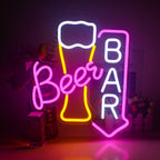 A vibrant LED neon sign displaying the word "Beer Bar" in bold, uppercase letters.