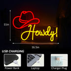 Howdy! – Cowboyhut – LED-Neonschild (5 V USB)