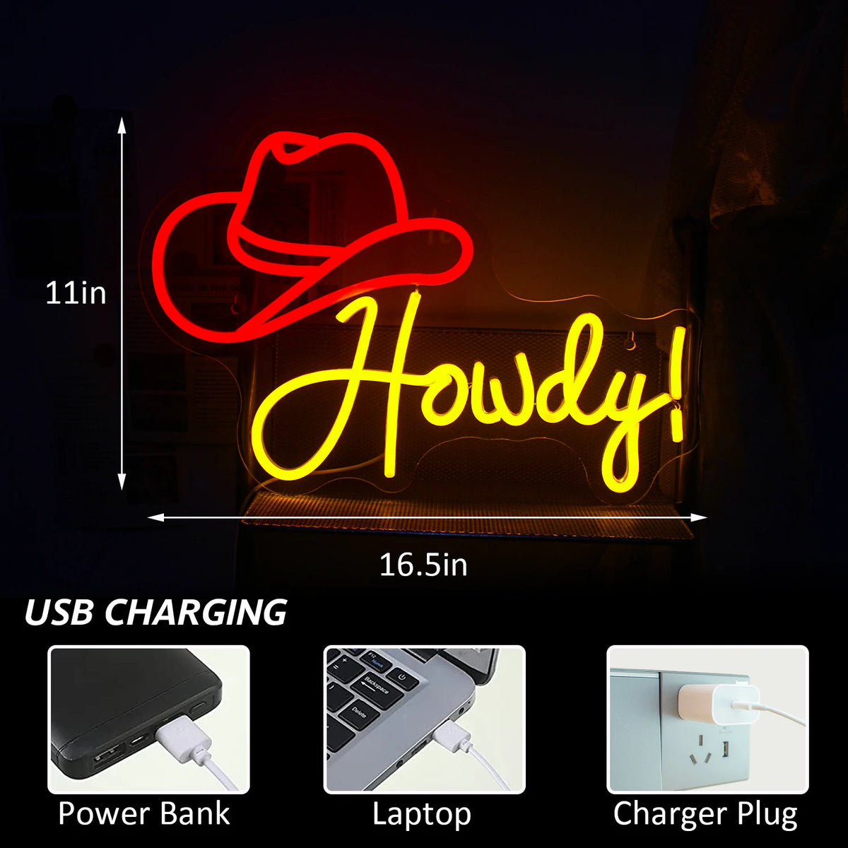 Howdy! – Cowboyhut – LED-Neonschild (5 V USB)
