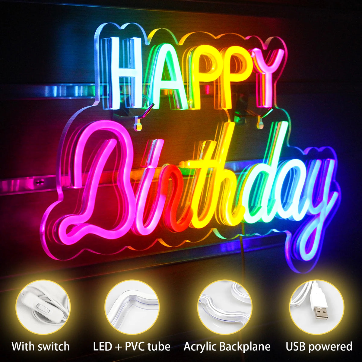 Happy Birthday – LED-Neon-Schriftzug (5 V USB)