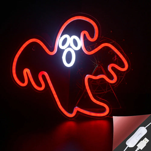 Das Bild zeigt ein lebendiges, handgefertigtes LED-Neonschild, das speziell für Halloween entworfen wurde.