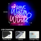 SAVE Water DRINK Wine – Weinglas und Tropfen – LED-Leuchtschild (5 V USB)