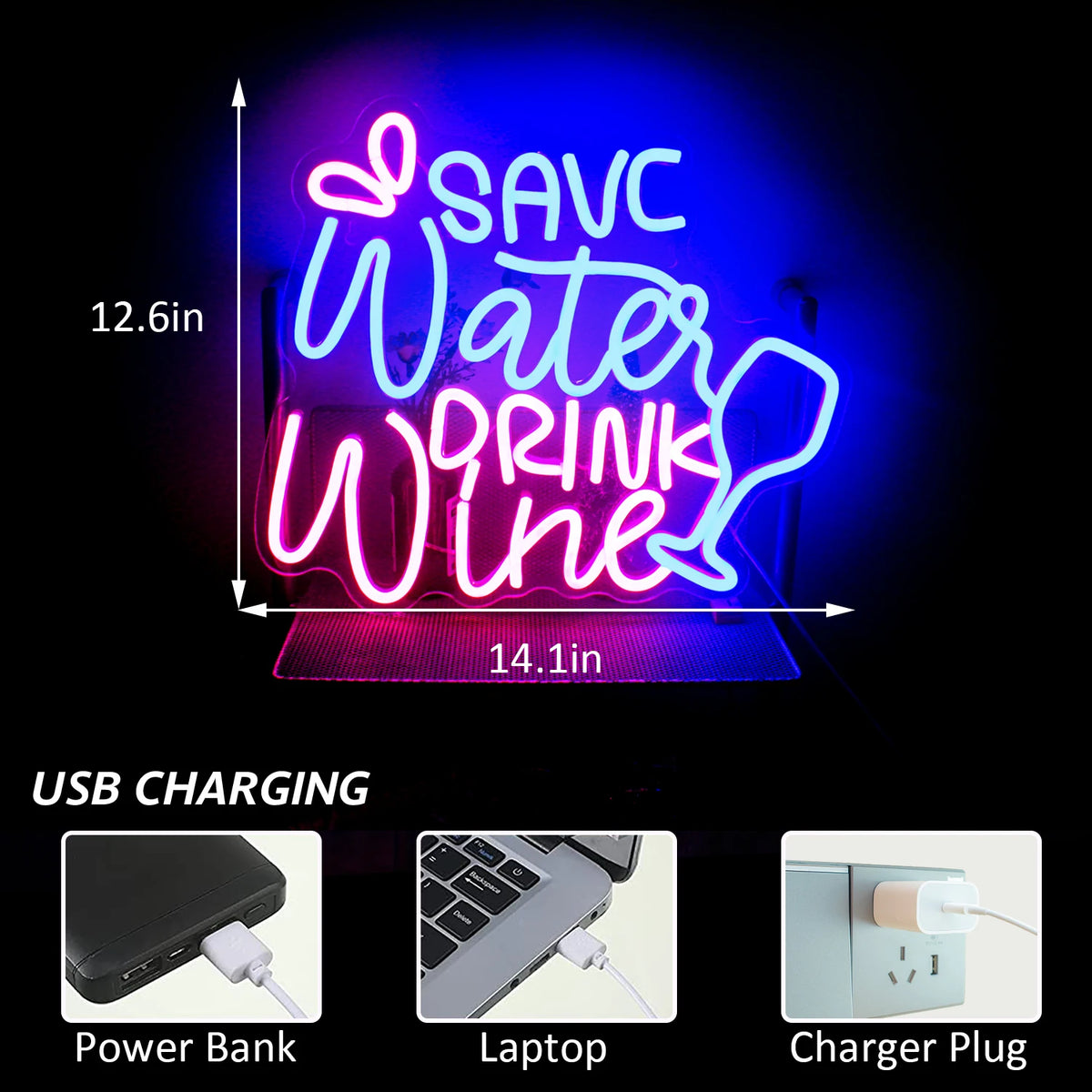 SAVE Water DRINK Wine – Weinglas und Tropfen – LED-Leuchtschild (5 V USB)
