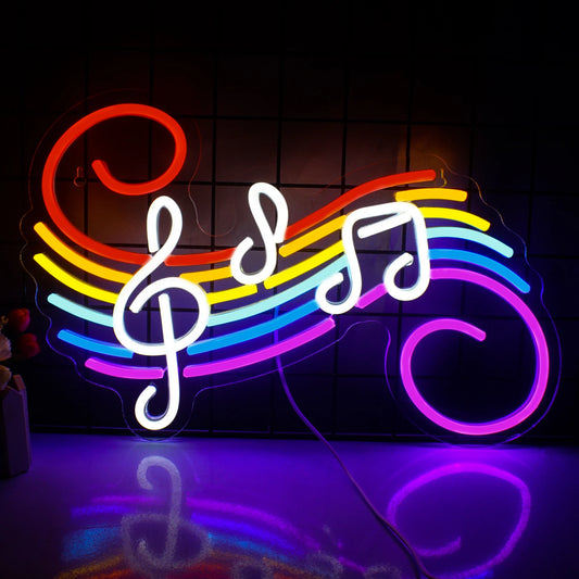 The image displays a vibrant LED neon sign shaped like a series of musical notes.