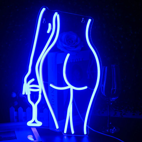 „Ein lebendiges, handgefertigtes LED-Neonschild in Form der Silhouette einer liegenden Frau.