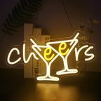 "A vibrant LED neon sign displaying the word 'Cheers' in a playful cursive font.