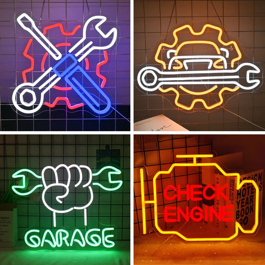 A vibrant LED neon sign reading "Garage" in bold, sleek letters illuminated in a bright white light.