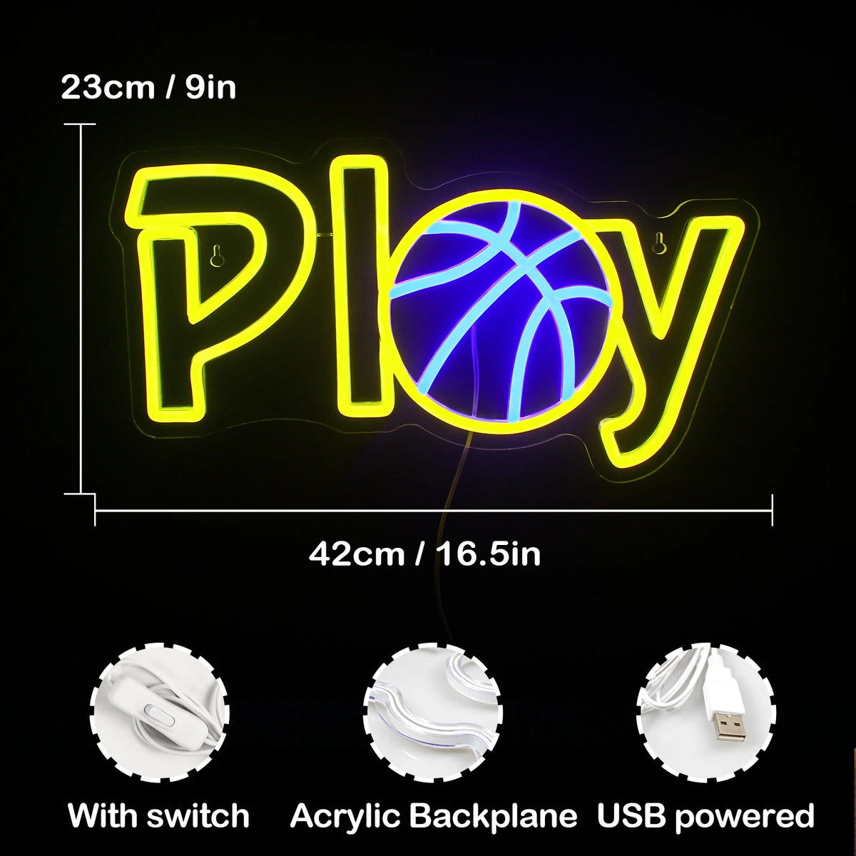 Play – Basketball anstelle des A – LED-Neonschild (5 V USB)