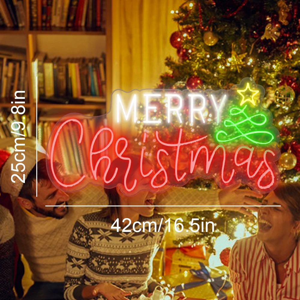 Merry Christmas – Weihnachtsbaum und Stern – LED-Neonschild (5 V USB)