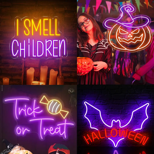 Das Bild zeigt ein leuchtendes LED-Neonschild mit der Aufschrift „Süßes oder Saures“ in verspielter, stilisierter Schrift.