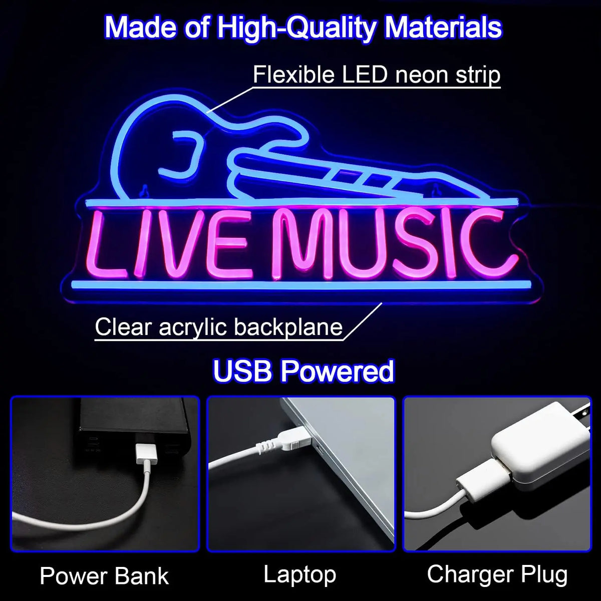 LIVE MUSIC – Gitarre – LED-Neonschild (5 V USB)