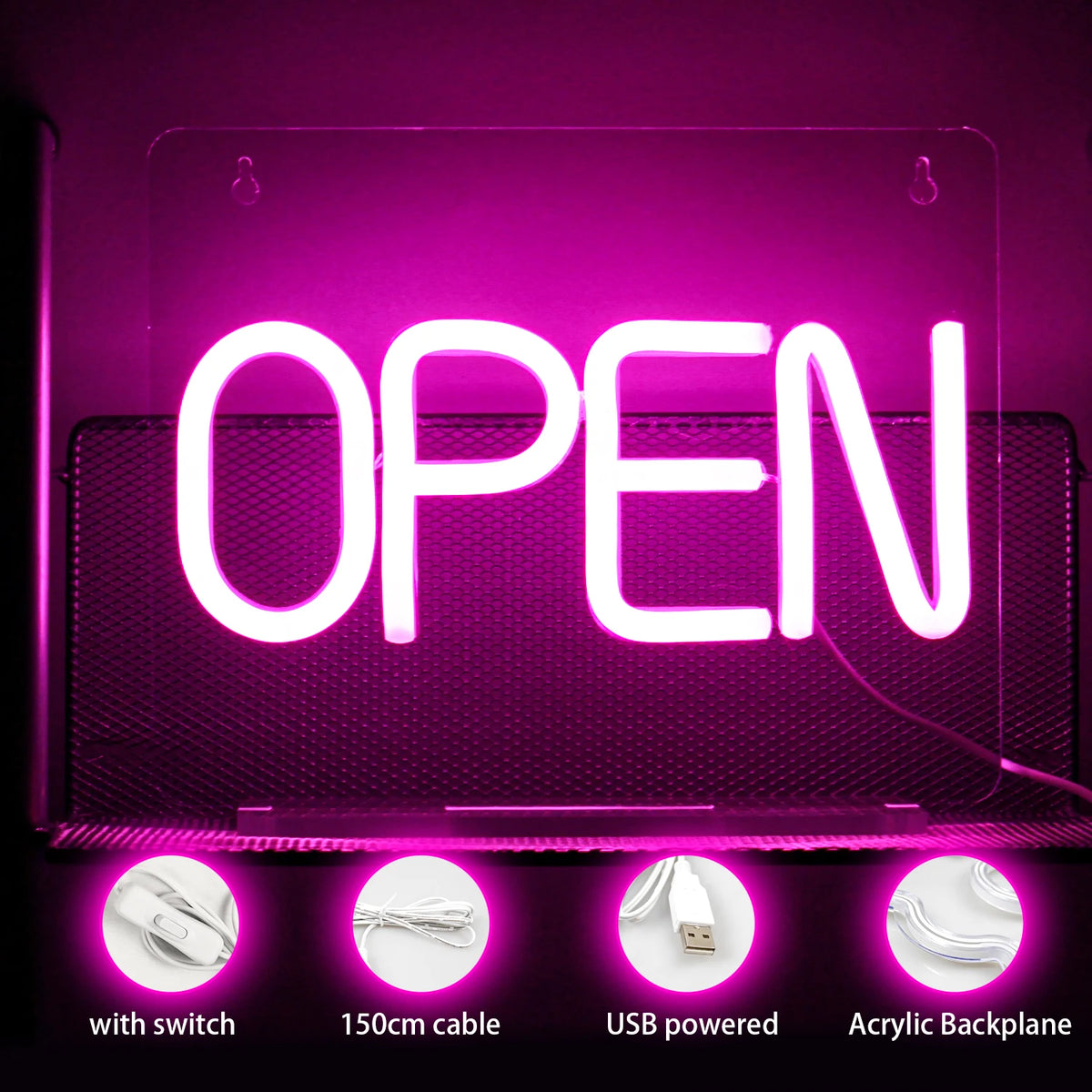 Open – Blockschrift – LED-Leuchtschild (5 V USB)