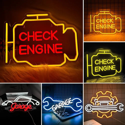 Das Bild zeigt ein leuchtendes LED-Neonschild in Form eines „Check Engine“-Symbols.