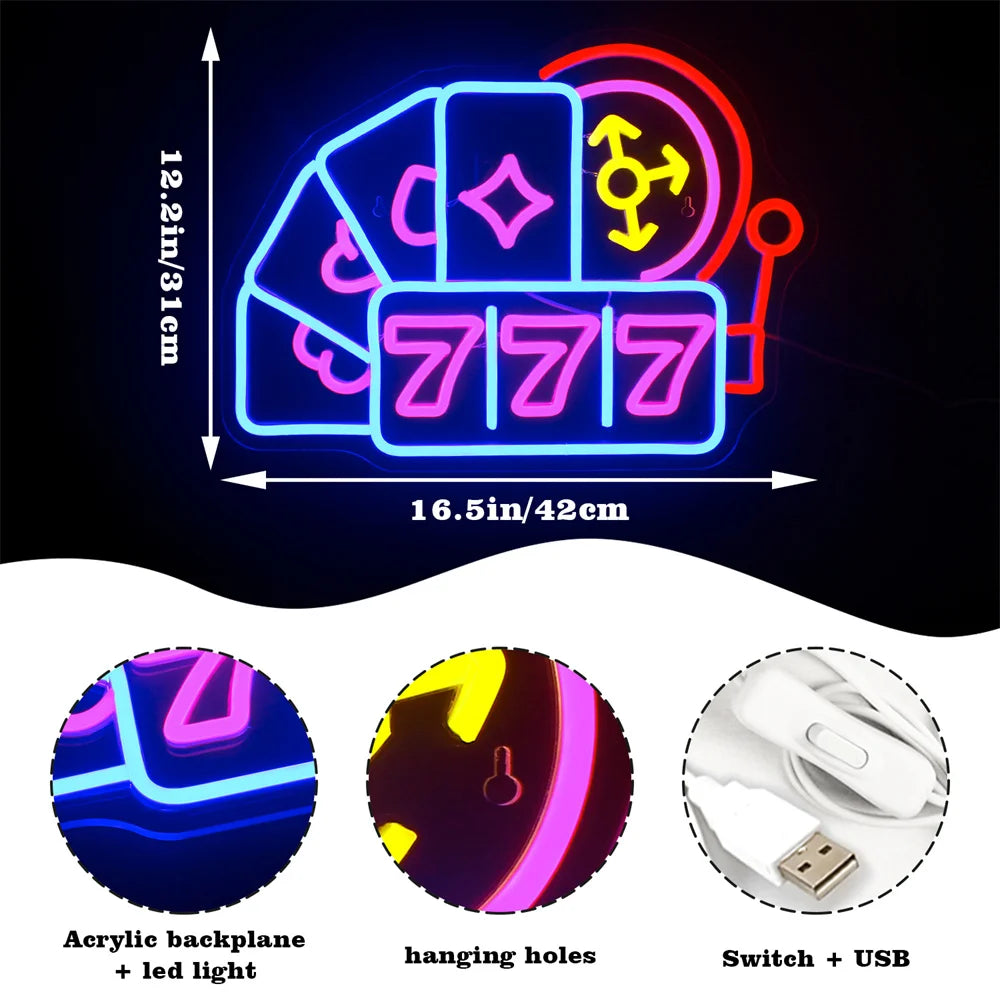 777 – Spielkarten, Kartensymbole und Rouletterad – LED-Neonschild (5 V USB)