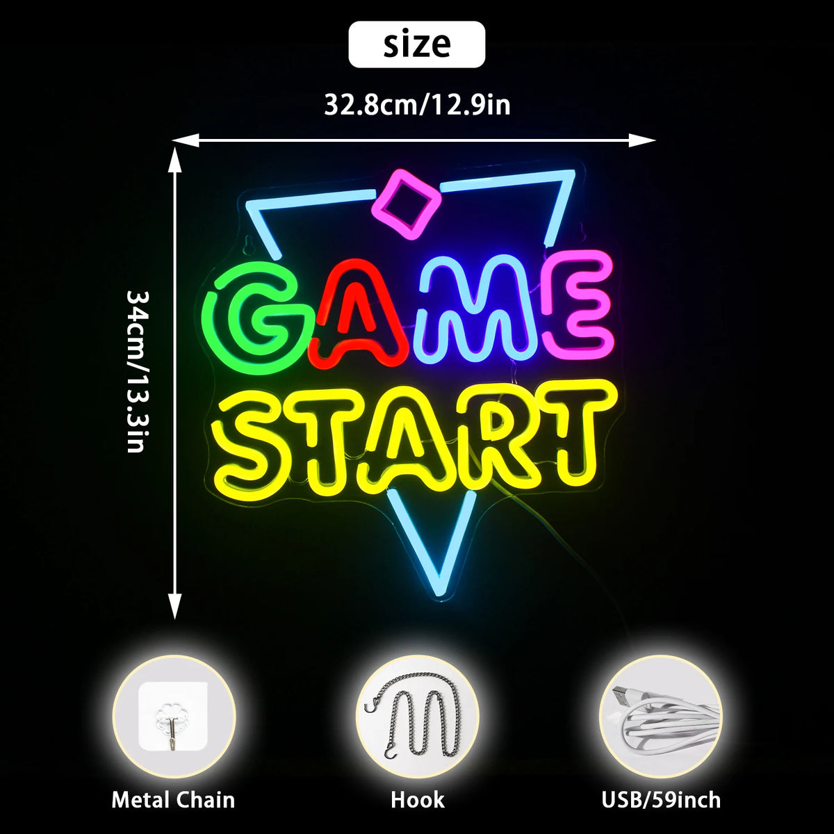 GAME START – Dreieck und kleine Raute – LED-Neonschild (5 V USB)