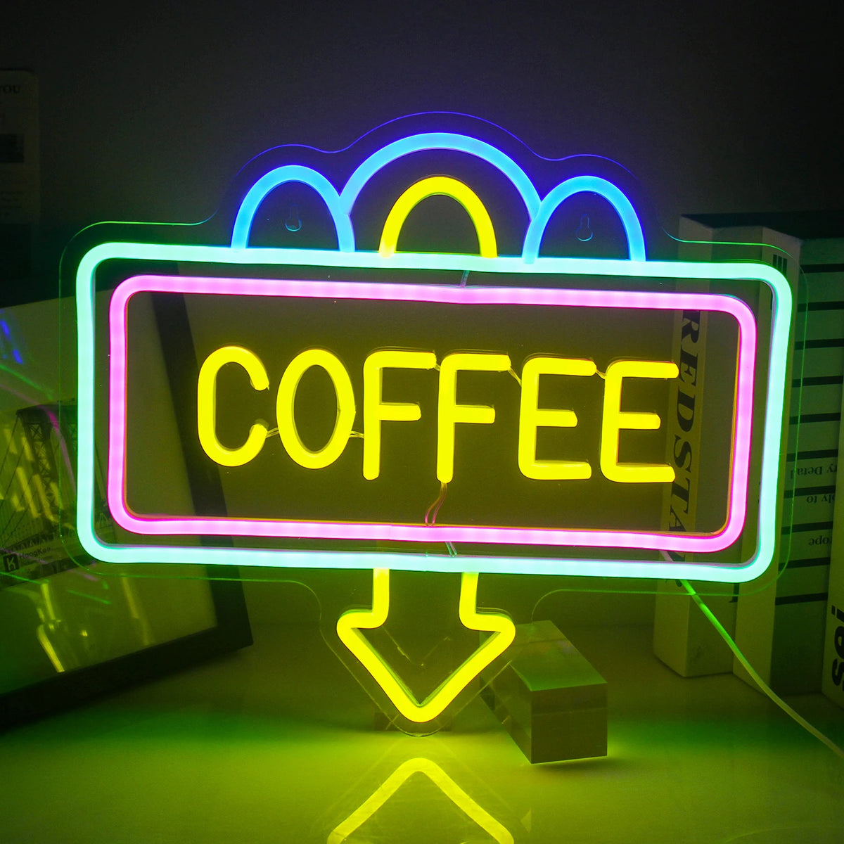 COFFEE – Rechteckiger Rahmen und Pfeil nach unten – LED-Leuchtschild (5 V USB)