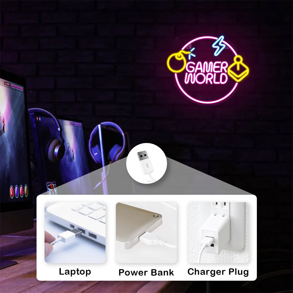 Gamer World 5V USB LED Neon Sign - Budget Friendly