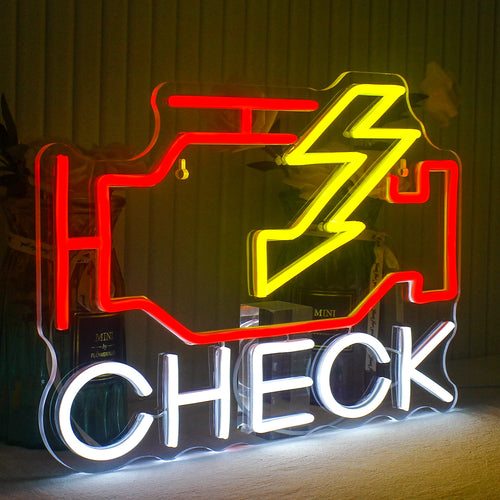 CHECK – Motorwarnsymbol und Blitz – LED-Neonschild (5 V USB)