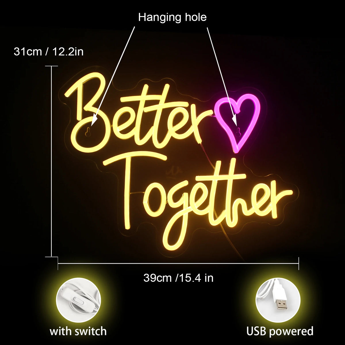 Better Together – Herz – LED-Neonschild (5 V USB)